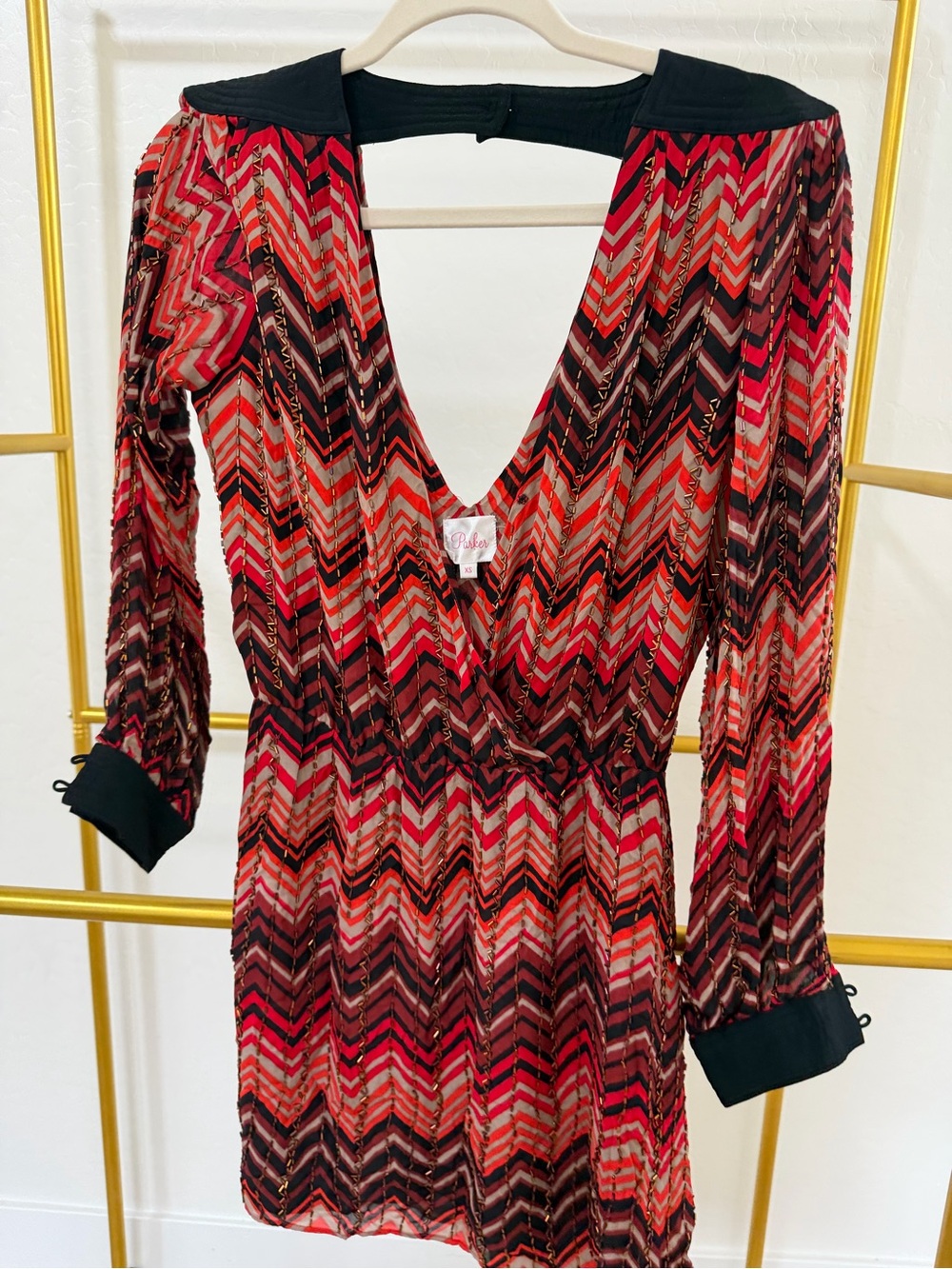 Parker Red Chevron V-Neck Long Sleeve Dress with Black Trim